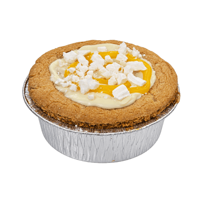 Lemon Meringue deep dish cookie in its foil tray