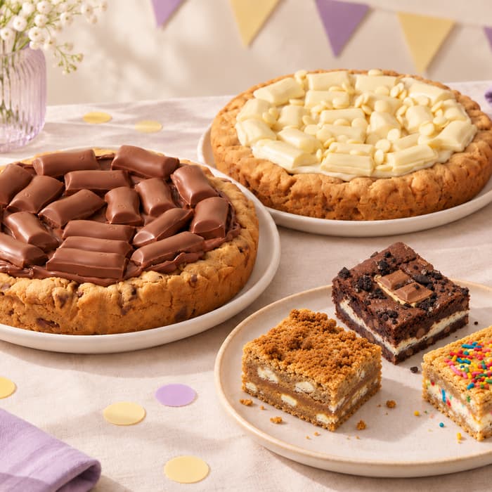 Milk chocolate and white chocolate loaded cookies with Biscoff, Cookies & Cream and Funfetti signature slices on a party table