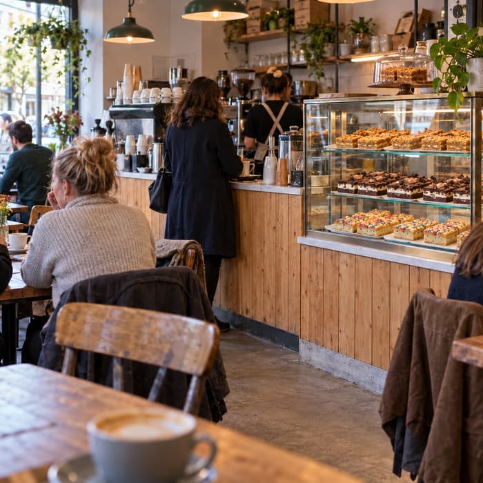 A busy neighbourhood café with a glass counter of Clever Cookie traybakes and slices